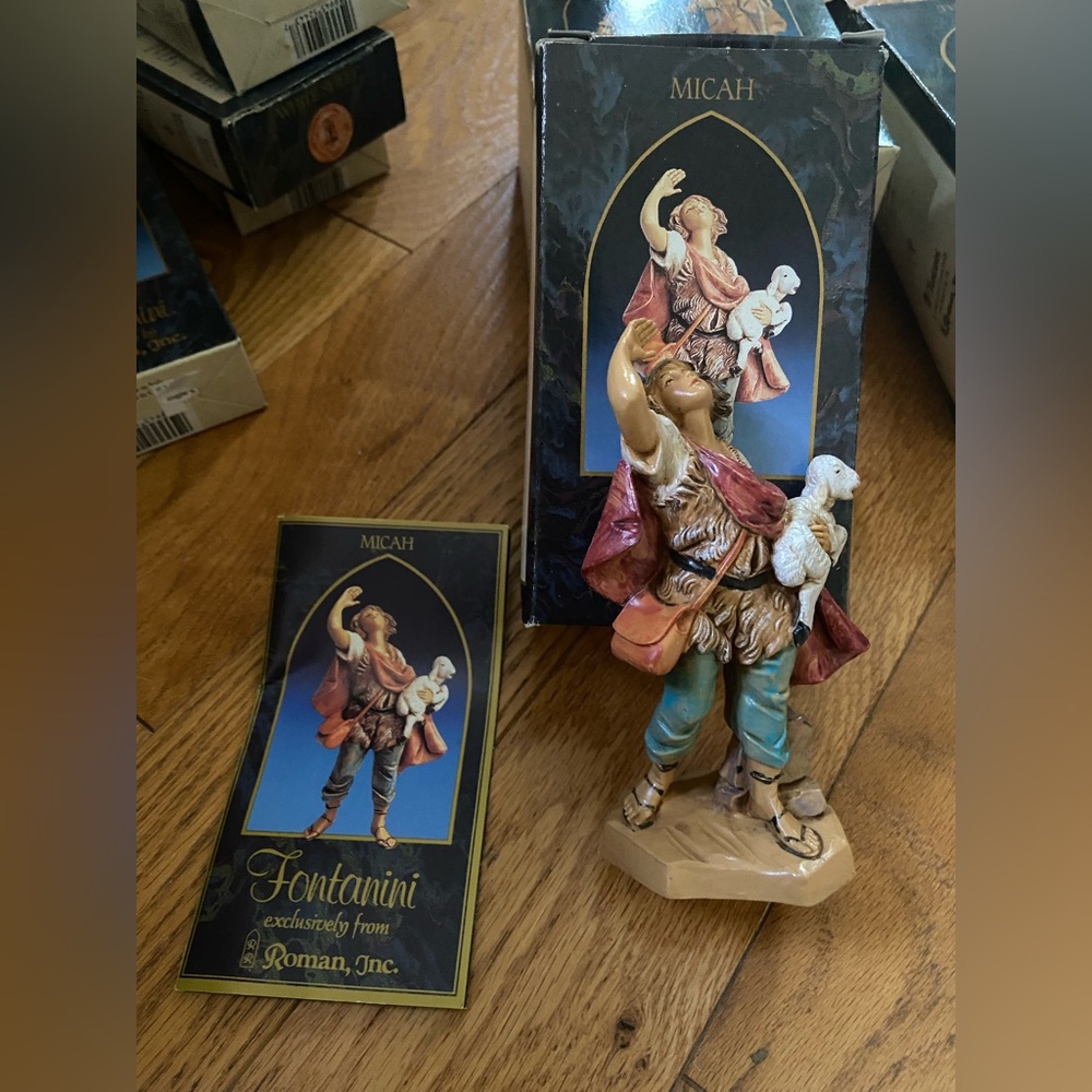 Fontanini Shepherd Micah Figurine with Lamb with box and card.  Vintage 1991.